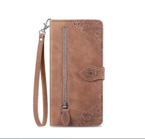 Cowithday for Motorola G Pure/Moto G Power 2022 Wallet Case for Men Women, Moto G Power Cover, Embossed PU Leather Magnet Buckle Card Slots Zipper Pocket Lanyard Wrist Strap Handbag Case, Brown