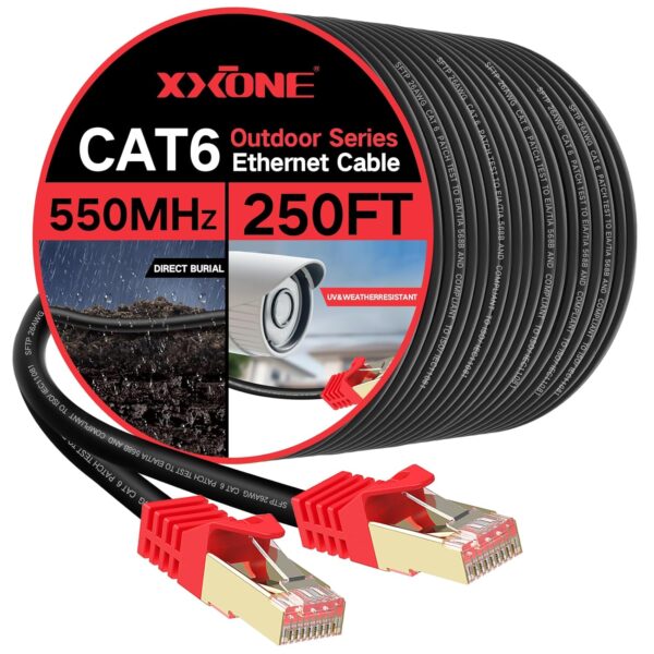 XXONE Outdoor Cat 6 Ethernet Cable 250ft, 26AWG Heavy-Duty Cat6 Networking Cord Patch Cable RJ45 LAN Wire Cable FTP Waterproof Direct Burial