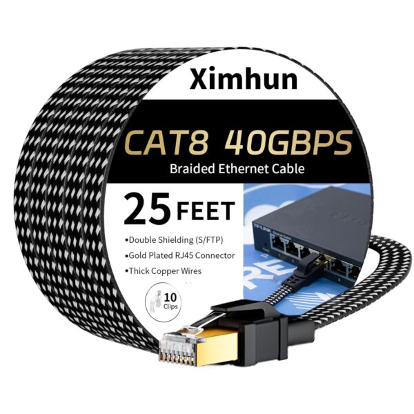 Cat 8 Ethernet Cable 25 FT, High-Speed Braided Internet Cable Network Cord with RJ45 Connector 40Gbps 2000Mhz Heavy Duty LAN Cable Shielded Indoor