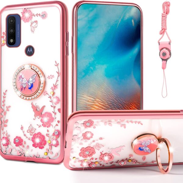 nancheng for Moto G Power 2022 / Motorola G Play (2023) Case, for Moto G Pure 2021 Phone Case Cute Girls Women Shockproof Protective Cover with Ring Stand Strap Lanyard - Rose Butterfly