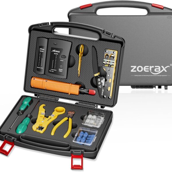 Network Tool Kit, ZOERAX 11 in 1 Professional RJ45 Crimp Tool Kit - Pass Through Crimper, RJ45 Tester, 110/88 Punch Down Tool, Stripper, Cutter, Cat6 Pass Through Connectors and Boots