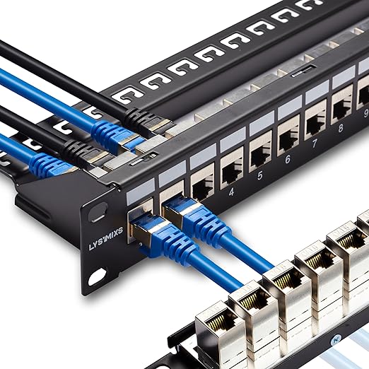 24 Port RJ45 Patch Panel Cat6 STP Feed Through, Coupler Network Panel 19 Inch, Inline Keystone Ethernet Patch Panel with Back Bar