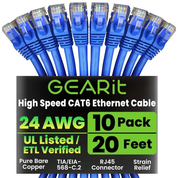 GearIT Cat 6 Ethernet Cable Pack - 10-Pack 20 ft Cat6 Ethernet Patch Cables | RJ45 Network Patch Cable, 10 Gbps Snagless Gold-Plated Connectors - Ethernet Cable Cat 6 for PC, TV, Router - Blue