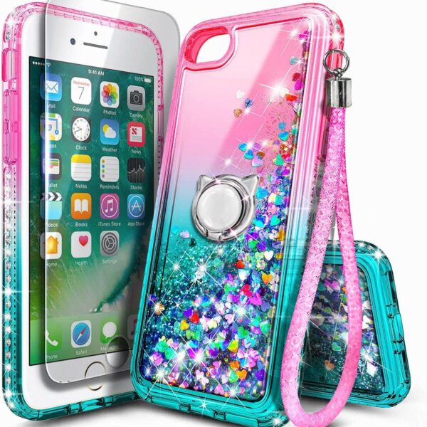 NGB Designed for iPhone SE (3rd 2022 & 2nd Gen 2020)/iPhone 8/7/6/6S Case, Pink/Aqua | Glitter Liquid Cute Cover for Women Girls Kids | with Tempered Glass Screen Protector & Ring Holder-Wrist Strap
