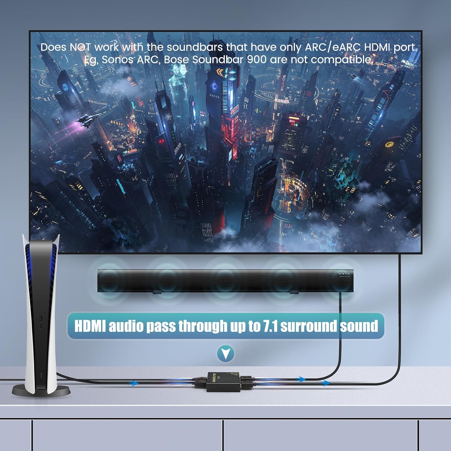 HDMI Splitter 1 in 2 Out 60Hz - HDCP Bypass 2.3, HDR, Dolby/DTS 5.1/7.1 - Compatible with Firestick 4k Max, PS3/PS5 & Elgato HD60s/x/Pro, Apple TV 4K, Retrotink, Roku soundbar, NOT for Phone - Image 3