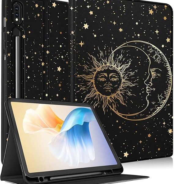 Samsung Galaxy Tab S8 Plus/ S7 Plus/ S7 FE Case 12.4 Inch Women Cute Girls Folio Moon Sun Teen Boys Black Design Cover for Samsung Tablet S8 Plus 2022/ S7 Plus 2021/ S7 FE 5G Cases