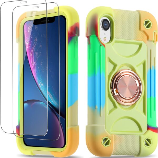 Cookiver for iPhone XR Case 6.1 Inch with Ring Stand, with 2 Pack Glass Screen Protector,Heavy-Duty Shockproof Rugged Military Grade Cover with Magnetic Car Mount for iPhone XR (Rainbow Green)
