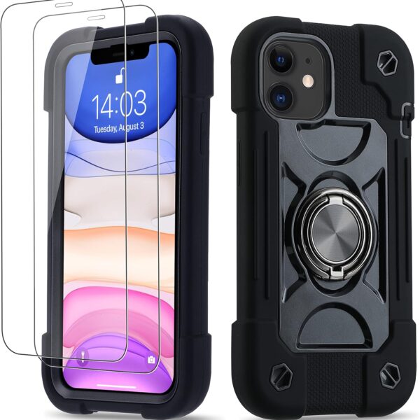 iPhone 11 Case 6.1 Inch with Ring Stand, with 2 Pack Glass Screen Protector ，Heavy-Duty Shockproof Rugged Military Grade Cover with Magnetic Car Mount for iPhone 11 (Black)