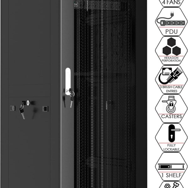 Server Rack on Wheels - 32-inch Deep Network Cabinet - Locking IT Enclosure Data Networking Cabinet - Vented Door - LCD Screen - THERMOSYSTEM - 4 X Fans - POWERBAR - Shelf (32U (24" w x32 d x67 h))