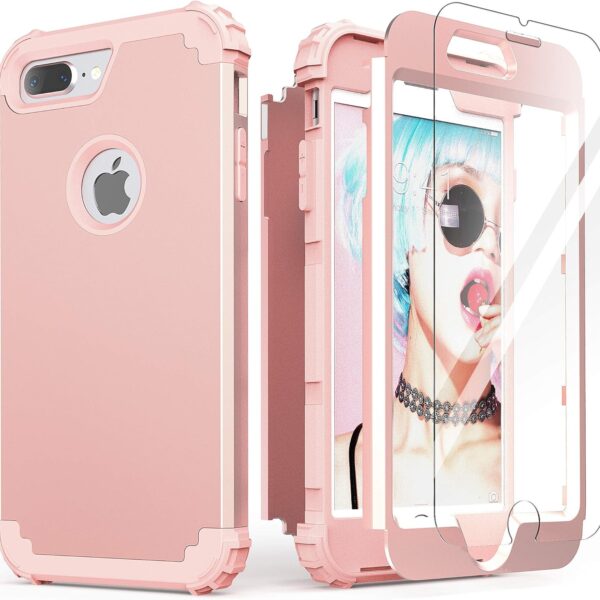 IDweel for iPhone 8 Plus Case,for iPhone 7 Plus Case with Screen Protector, 3 in 1 Shockproof Hybrid Heavy Duty Protection Hard PC Cover Soft Silicone Bumper, Full Body Sturdy Cover, Rose Gold