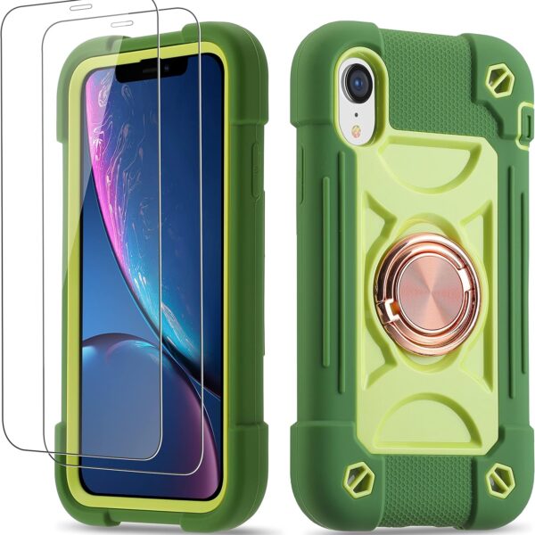 iPhone XR Case 6.1 Inch with Ring Stand, with 2 Pack Glass Screen Protector,Heavy-Duty Shockproof Rugged Military Grade Cover with Magnetic Car Mount for iPhone XR (Avocado)