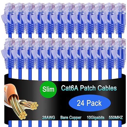 Cat6a Slim Ethernet Patch Cable 1 ft (24 Pack), Cat6a Patch Cable for Data Centers, Cat 6 Cable 10G, Network Patch Cables for Home and Enterprise Network -Blue