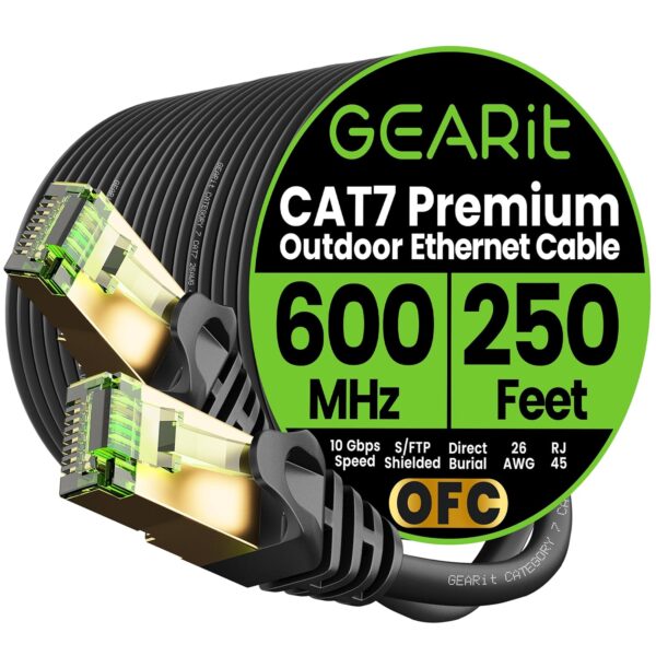 GEARit Cat7 Outdoor Ethernet Cable (250ft) SFTP Shielded Foil Twisted Pair, Pure Copper, LLDPE, Waterproof, Direct Burial, In-Ground, UV Resistant, POE, Network, LAN, Internet, Cat 7-250 Feet