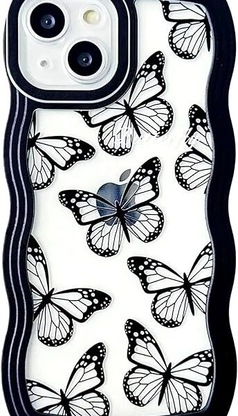 Compatible with iPhone 7 Plus/8 Plus Case Clear with Butterfly Design for Women Girls,Aesthetic Cute Girly Wavy Shockproof Phone Cover for iPhone 7plus/8plus (Butterfly/Black)