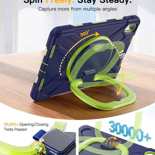 BRAECN Case for iPad (A16) 11th/10th Generation 11”/10.9'' 2025/2022-Rugged Silicone Cover with Swivel Ring Stand/Pencil Holder/Handle Grip/Kickstand/Screen Protector/Shoulder Strap, Navy Green