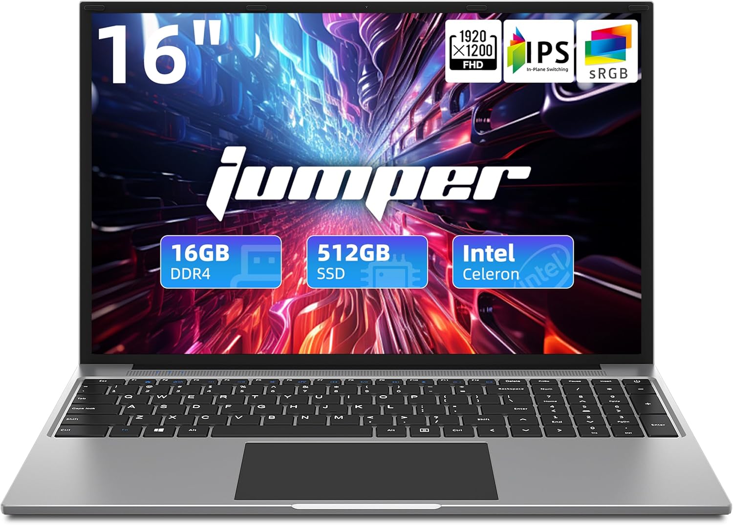 Jumper 16 Inch Laptop, 16GB RAM 512GB SSD, Quad-Core Celeron N5095, FHD IPS 1920x1200 Screen, Windows 11 Laptops Computer with Four Stereo Speakers, Numeric Keypad, USB3.0, 5G WiFi, Webcam.