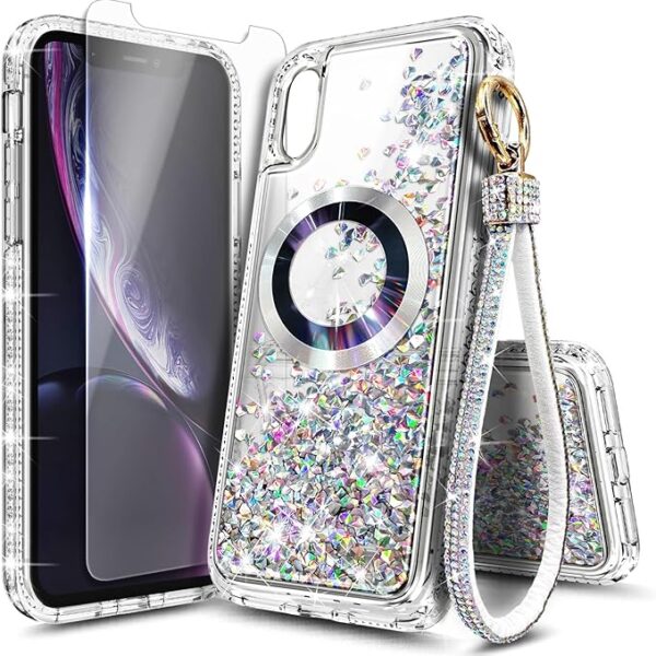 NGB Supremacy Designed for iPhone Xs Max Phone Case, Magnetic Compatible with MagSafe, Tempered Glass Screen Protector/Wrist Strap Lanyard, Glitter Floating Liquid Girls Cute Case (Diamond)