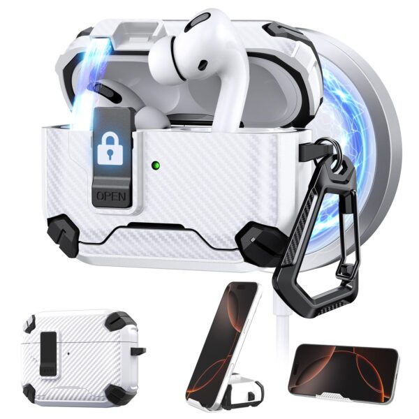 Maxjoy AirPods Pro 3 Case Cover 2025 with Automatic Lock MagSafe, Compatible with Apple AirPod Pro 3rd Generation (Carbon Fiber White, AirPods Pro 3 Case Cover 2025)