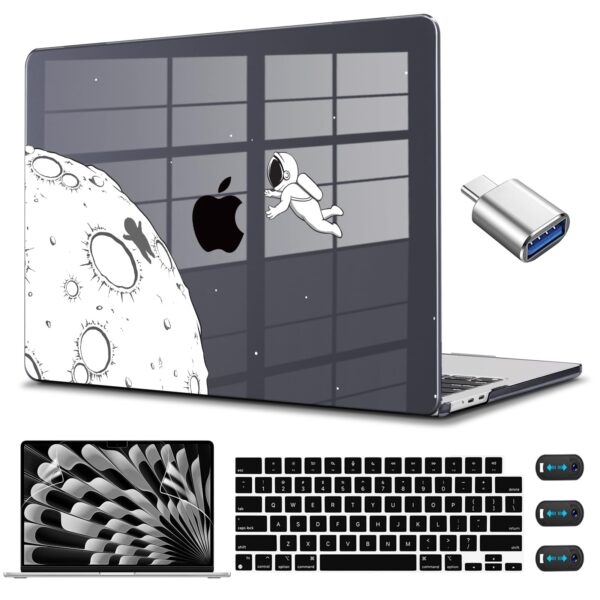 CISSOOK Case Compatible with MacBook Air 15 Inch 2025 2024 2023 Release Model A3241 A3114 A2941, Clear Black Hard Shell with Keyboard Cover USB Adapter for MacBook Air 15 M2 M3 M4, Astronaut
