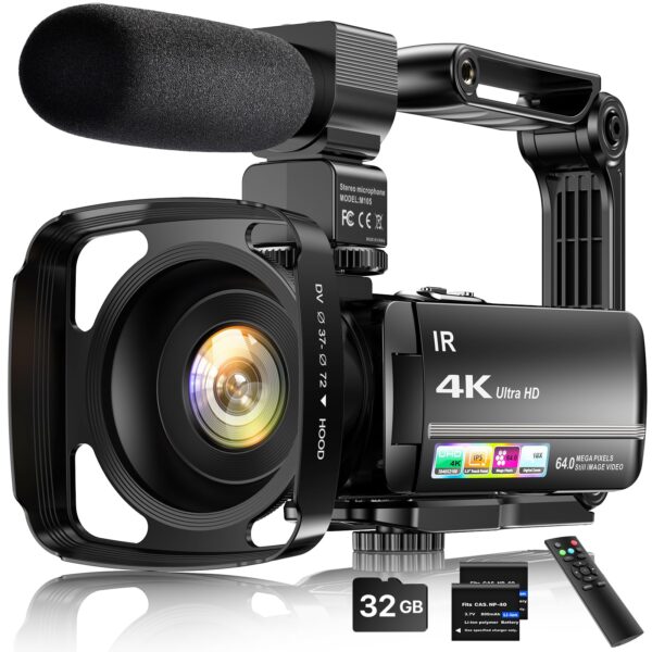 4K Video Camera Camcorder 64MP Vlogging Camera for YouTube 3.0" Touch Screen 18X Digital Zoom IR Night Vision with External Stereo Microphone,Remote,Lens Hood,Handheld Stabilizer,32G Card &2 Batteries