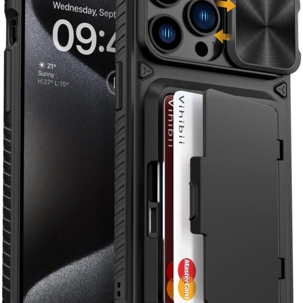 Vihibii for iPhone 15 Pro Max Case with Card Holder (4 Cards) & Slide Camera Cover & Kickstand, Military Grade Drop Protection, Rugged Hard Back & Silicone Edge Wallet Phone Case, 6.7" 2023, Black