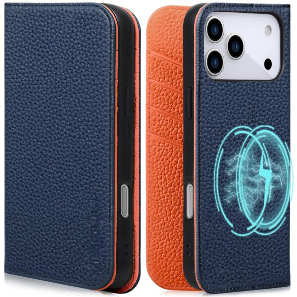VISOUL Pebbled Leather Wallet Case for iPhone 17 Pro Max 6.9" 2025, Genuine Leather Flip Folio Cover with RFID Blocking Card Holders, Kickstand, Soft TPU Protective Flip Cover -Black+Orange