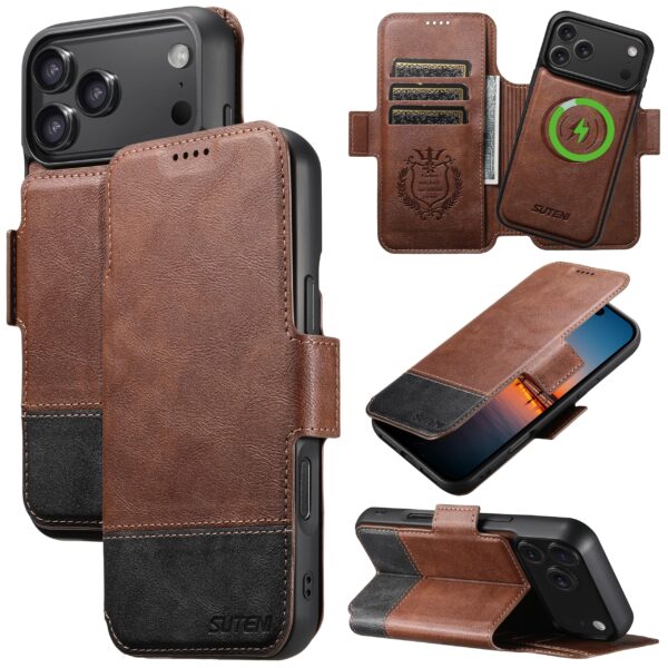 SINIANL Compatible with Magsafe 2 in 1 Detachable for iPhone 17 Pro Max Wallet Case with Card Holder, Leather Magnetic Kickstand Shockproof Removable Flip Protective Cover for iPhone 17 Pro Max Brown