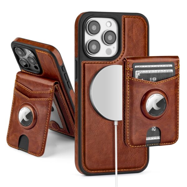 Compatible with MagSafe iPhone 15 Pro Max Case Wallet with AirTag Holder,2 in 1 PU Leather Magnetic Detachable RFID Blocking Credit Card Holder Flip Cover Kickstand for Men Women,Brown