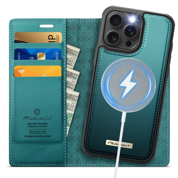 PlusnapX Wallet Case for iPhone 16 Pro Compatible with Magsafe, 2-in-1 PU Leather Flip RFID Blocking Card Holder Stand Shockproof Magnetic Detachable Cover for iPhone 16 Pro Case 6.3", Bluegreen