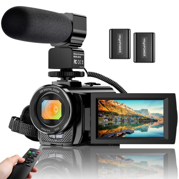 Video Camera Camcorder Digital YouTube Vlogging Camera Recorder FHD 1080P 24.0MP 3.0 Inch 270 Degree Rotation Screen 16X Digital Zoom Camcorder with Microphone,Remote Control and 2 Batteries