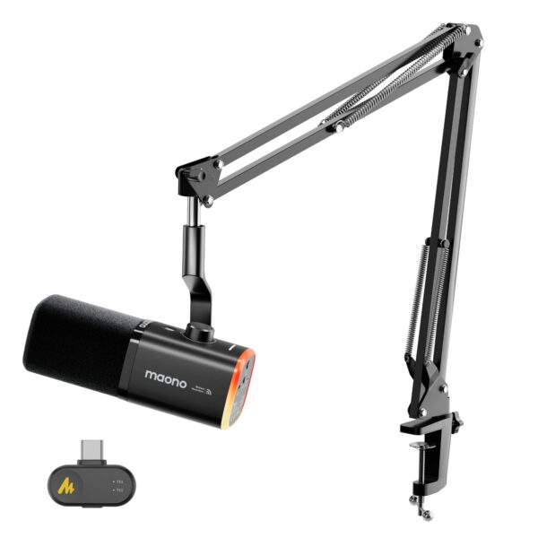 MAONO PD100W Wireless/USB Microphone, PC Gaming Mic with One-Click Noise Reduction,Mute Button,Custom RGB, 3.5mm Headphone Jack, Desktop Dynamic Streaming Mic for Recording,Podcasting, Black