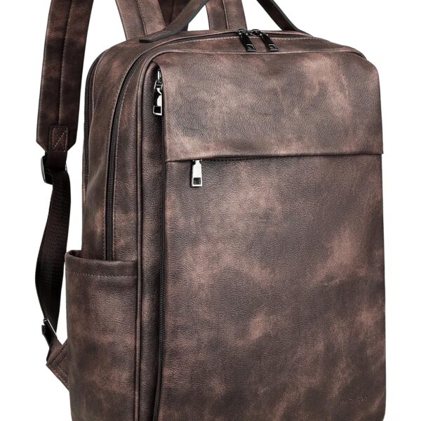 MASINTOR 15.6 inch PU Leather Laptop Backpack Purse for Women, Large College Casual Backpack Travel Bag Retro Coffee