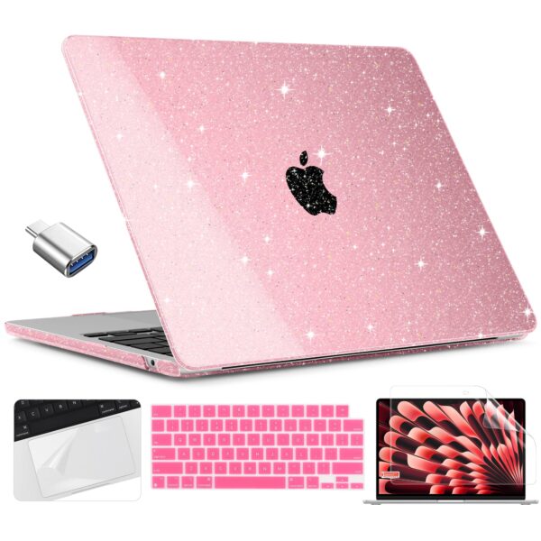 TWOLSKOO Compatible with M4 MacBook Air 15 inch Case 2025-2023 Release M4 A3241 M3 A3114 M2 A2941, Plastic Hard Shell&Screen Protector&Keyboard Cover&Trackpad Film&Type C Adapter, Star Pink