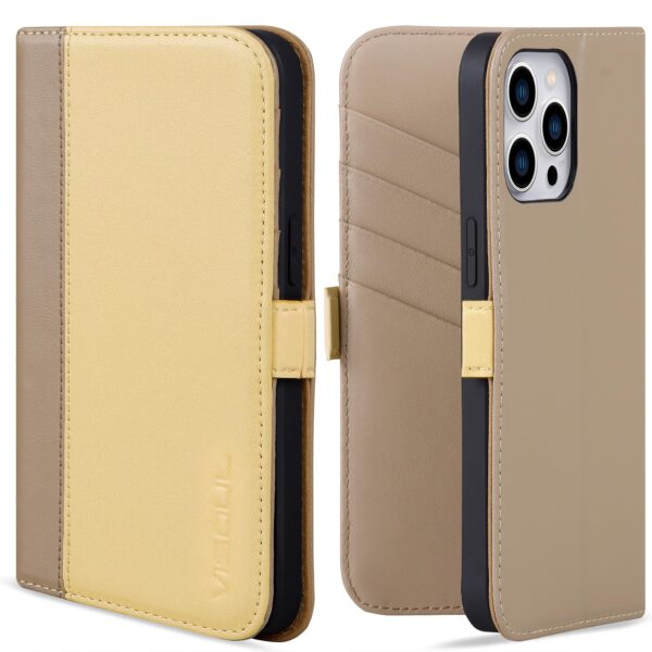 VISOUL Phone Case Wallet for iPhone 15 Pro Max, Genuine Leather Folio Case with Card Holder Magnetic Flaps Closure Designed for iPhone 15 Pro Max(6.7-inch)(Yellow+Apricot)