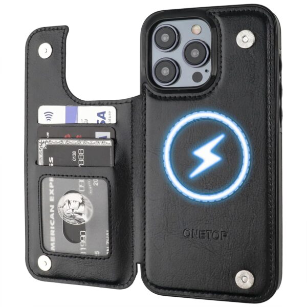 ONETOP Compatible with Magsafe for iPhone 15 Pro Max Wallet Case with Card Holder, PU Leather Kickstand RFID Blocking Case, Double Magnetic Clasp and Durable Shockproof Cover 6.7 Inch (Black)
