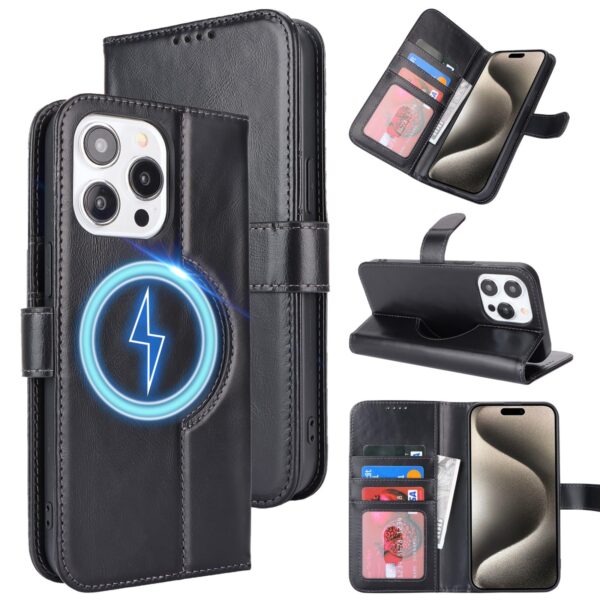 Zouzt for iPhone 15 Pro Max 6.7 Inch Genuine Leather Wallet Case with Card Holder, Compatible with MagSafe Magnetic Wireless Charging Flip Folio Cover Women Men for iPhone 15 Pro Max - Black