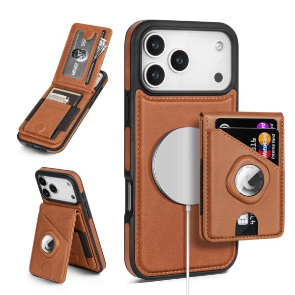Scutumate Compatible with MagSafe iPhone 17 Pro Max Case Wallet with AirTag Holder,Men Women Magnetic Detachable 2 in 1 PU Leather RFID Blocking Credit Card Holder Flip Folio Cover Kickstand,Brown