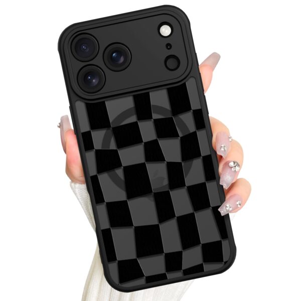 AIGOMARA Magnetic for iPhone 17 Pro Max Case, Compatible with Magsafe Cute Checkered Pattern Screen Protector Camera Protection Matte Translucent Phone Case for Women Girls, Black