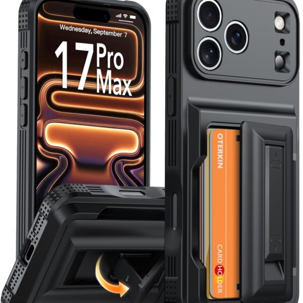 Oterkin for iPhone 17 Pro Max Wallet Case [4-5 Card Holder] [Kickstand] [Full Camera Protection] [RFID Blocking] [Military Grade Protection] Shockproof Rugged Case for iPhone 17 Pro Max, Black
