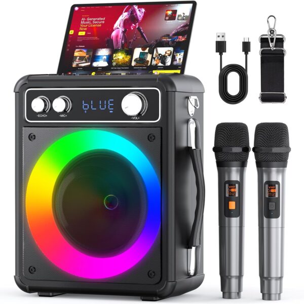 Karaoke Machine, Portable Bluetooth Karaoke Speaker with 2 Wireless Microphones, PA System for Adults Kids with LED Lights, Supports FM/AUX/USB/TF for Home Party