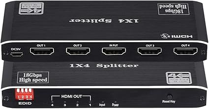 1x4 HDMI Splitter, 4K 60Hz 1 in 4 Out HDMI Splitter Audio Video Distributor Box Support Full Ultra HD, 3D, HDR, Compatible for HDTV, Blu-Ray, DVD, Xbox, PS4 Etc