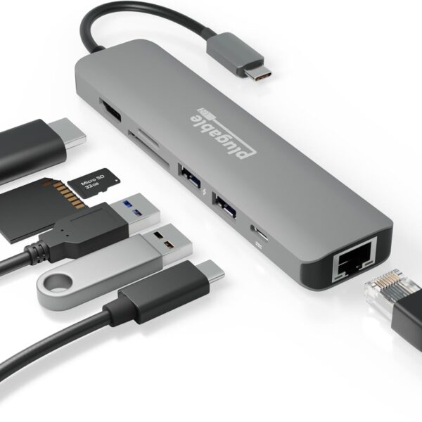 Plugable 7-in-1 USB C Hub Multiport Adapter with Ethernet Driverless Compatibility with Mac, Windows, iPhone 15, Chromebook, USB4, Thunderbolt, 100W Charging, Ethernet, 4K60Hz HDMI, 2X USB, SD/microSD