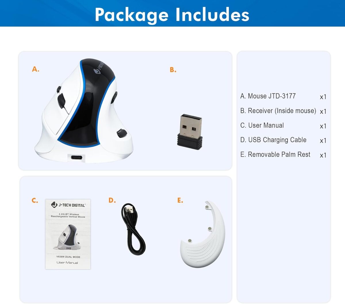 J-Tech Digital Wireless Mouse, Vertical Ergonomic Mouse with Bluetooth Dual Modes + USB Dongle + Rechargeable w/ 2.4GHz Wireless + Adjustable DPI 3200 for Laptop, Desktop, PC, Mac [V638W], White - Image 2