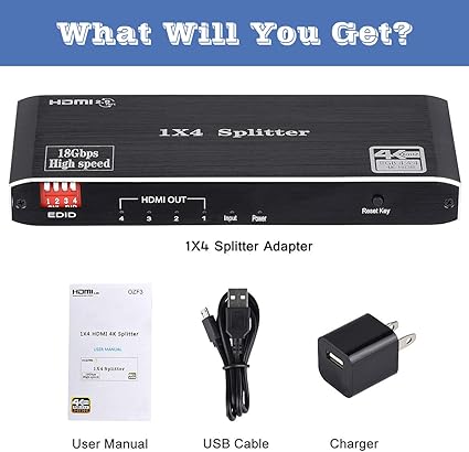 1x4 HDMI Splitter, 4K 60Hz 1 in 4 Out HDMI Splitter Audio Video Distributor Box Support Full Ultra HD, 3D, HDR, Compatible for HDTV, Blu-Ray, DVD, Xbox, PS4 Etc - Image 6