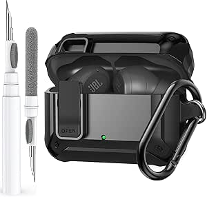 Compatible with JBL Vibe 200TWS/JBL Vibe Beam Case Cover Lock Clip with Cleaner Kit,Cool Protective Cover Men Women with Carabiner for JBL Vibe Beam 2 Charging Case - Black