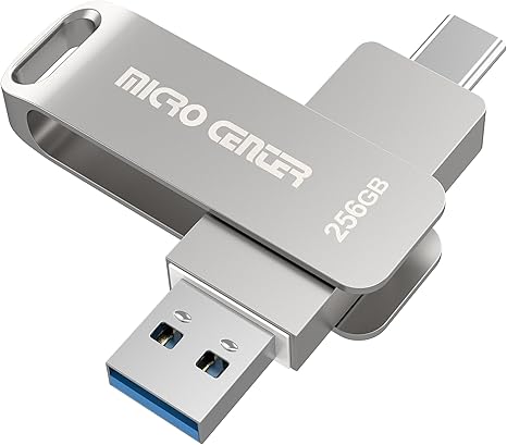 Micro Center SuperSpeed 256GB USB 3.2 Dual Drive Type-C & OTG Type-A 2-in-1 up to 200MB/s Swivel Metal Flash Drive Memory Storage Stick for Android Phones Tablets Mac Laptop