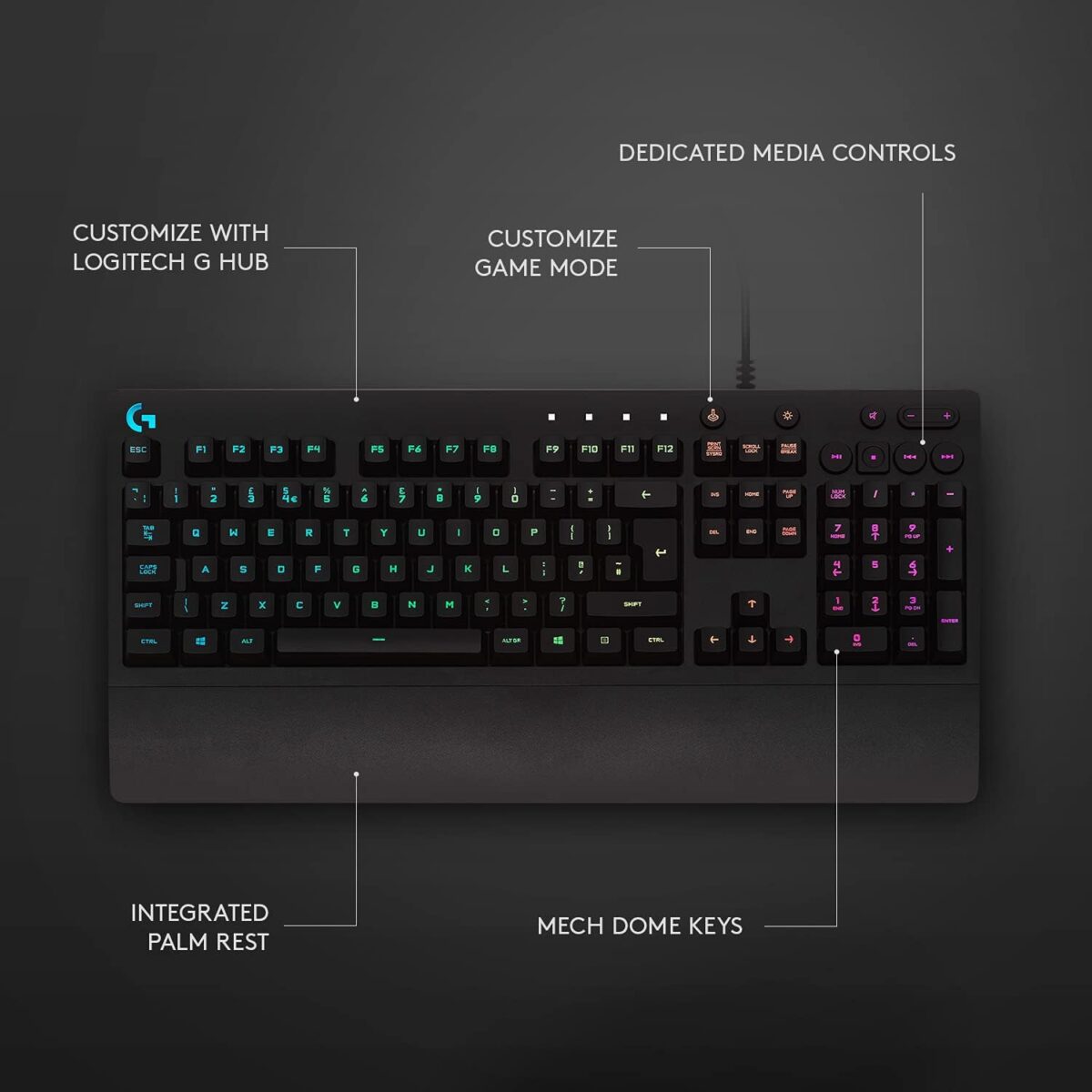 Logitech G213 Prodigy Gaming Keyboard, LIGHTSYNC RGB Backlit Keys, Spill-Resistant, Customizable Keys, Dedicated Multi-Media Keys – Black - Image 3