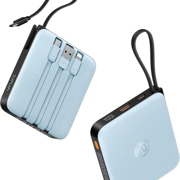 VRURC 10000mAh Portable Charger for iPhone with Built-in Cables, PD 20W Fast Charging Power Bank, Battery Pack for iPhone 16 15 14 13 Samsung Galaxy S25 S24 Series Android, Blue(1 Pack)