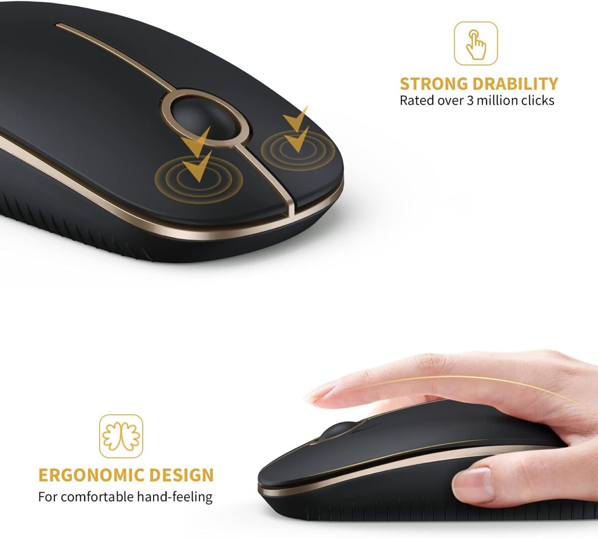 VssoPlor Wireless Mouse, 2.4G Slim Portable Computer Laptop Mouse with Nano Receiver Quiet Silent Optical Mice for Notebook, PC, Laptop, Computer-Black and Gold - Image 5