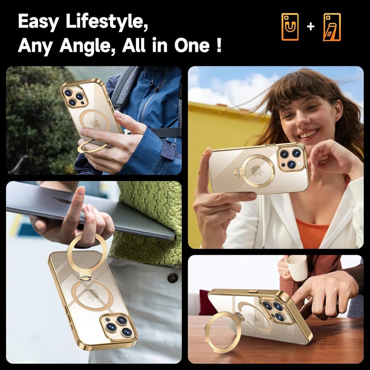 [Tri-Shield Protection] for iPhone 14 Pro Max Case with 360° Spin Stand Compatible with MagSafe [Magnetic CD Ring] [Screen & Camera Lens Protector] Shockproof Plating Never-Yellowing, Gold-6.7" - Image 2